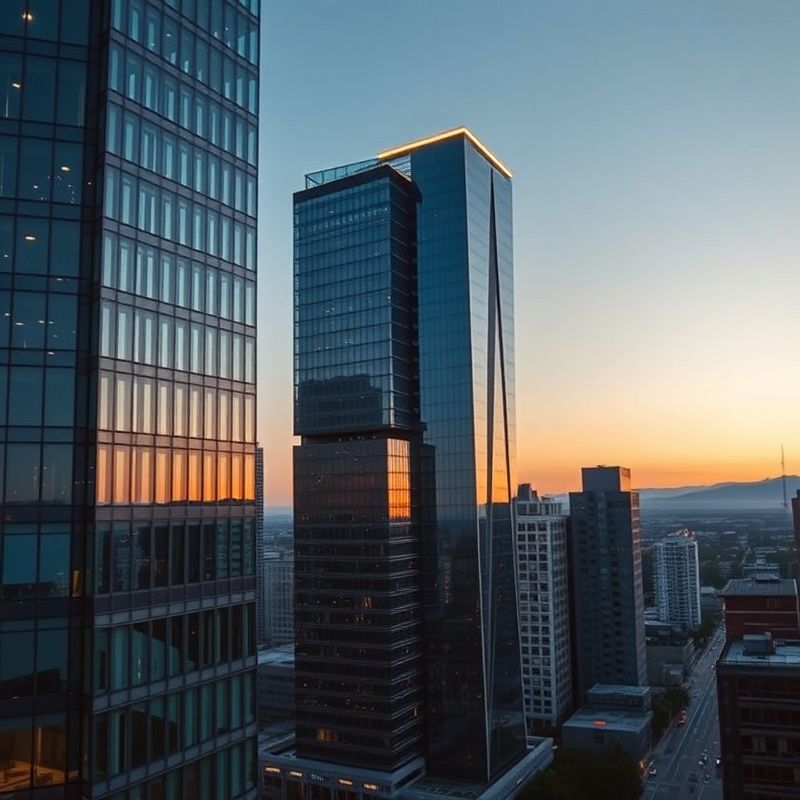 Peisaj arhitectural corporate în tonuri azurii, simbol al stabilității financiare